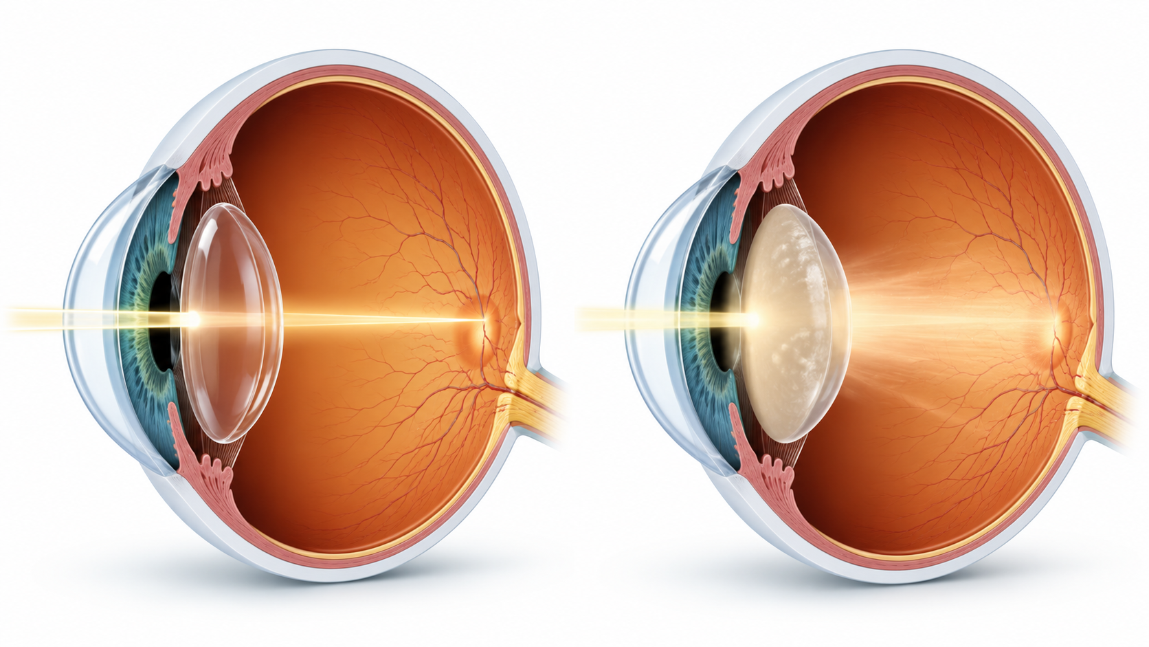 Comparaison entre un œil sain et un œil atteint de cataracte